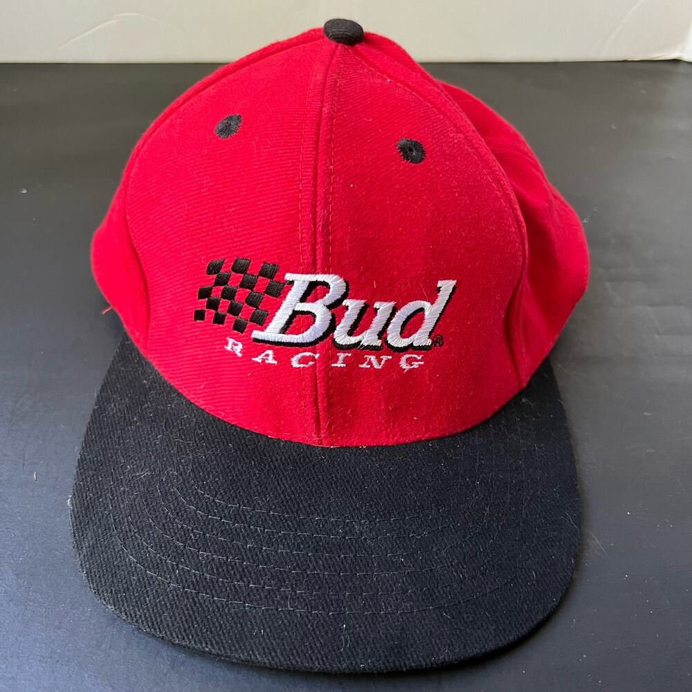 Vintage Bud Racing Red and Black Adjustable Hat Leather Strapback Cap NASCAR